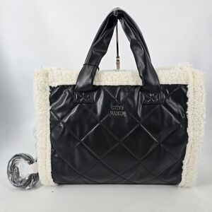 Steve Madden NEW Faux Leather Shearling Trim Large Tote Bag Black White